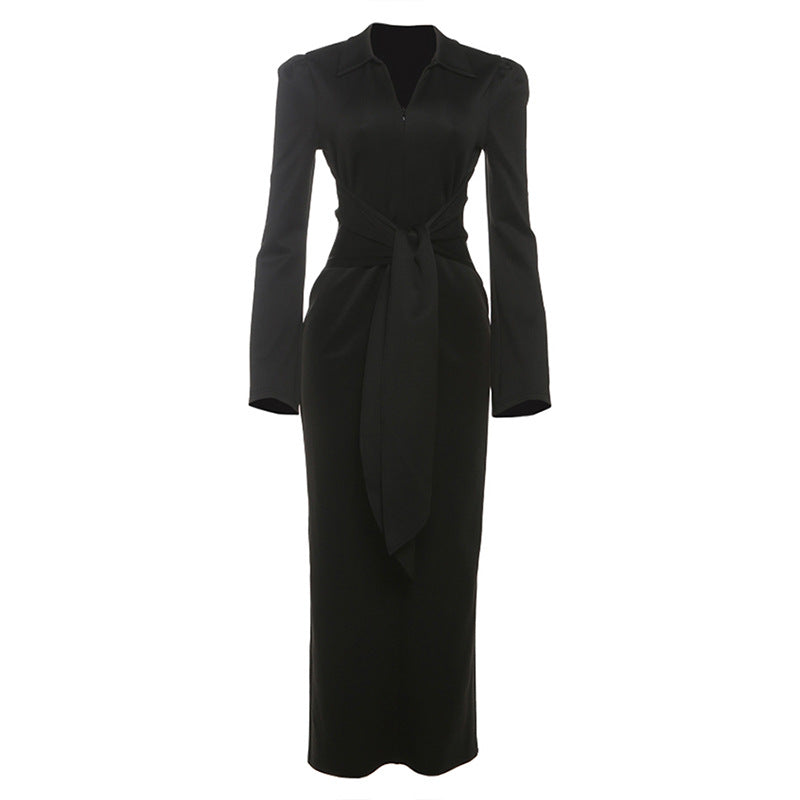 Fall Women Clothing Solid Color Collared Waist Tight Slim Fit Lace up Long Sleeve Zipper Dress by Ragazza
