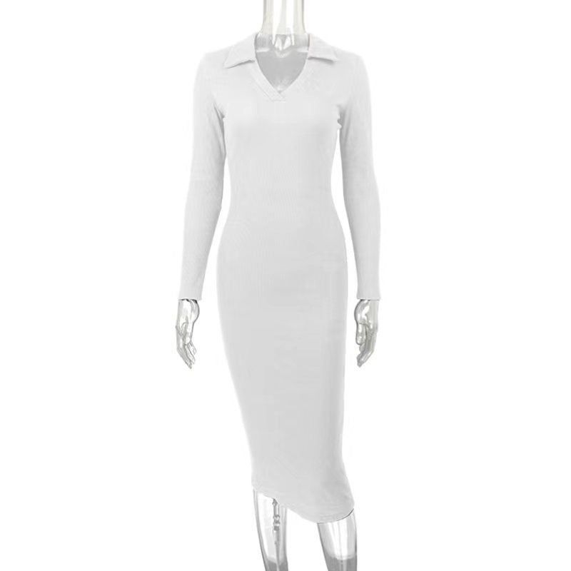 Autumn Winter Women Clothing Midi French Sexy Deep V Plunge Plunge Collared Slimming Dress