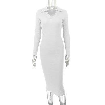 Autumn Winter Women Clothing Midi French Sexy Deep V Plunge Plunge Collared Slimming Dress