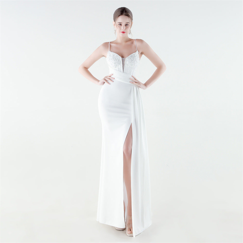 Deep V Plunge Waist Tight High Slit Sequin Embroidered Strap Slim Fit Elegant Evening Dress