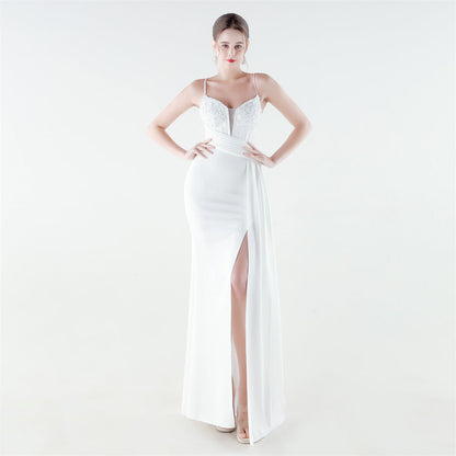 Deep V Plunge Waist Tight High Slit Sequin Embroidered Strap Slim Fit Elegant Evening Dress
