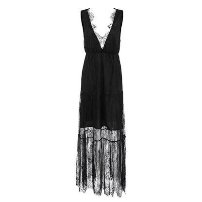 Sexy Black Brocade Lace Dress All Matching Sexy V-neck Loose Backless Women Dress
