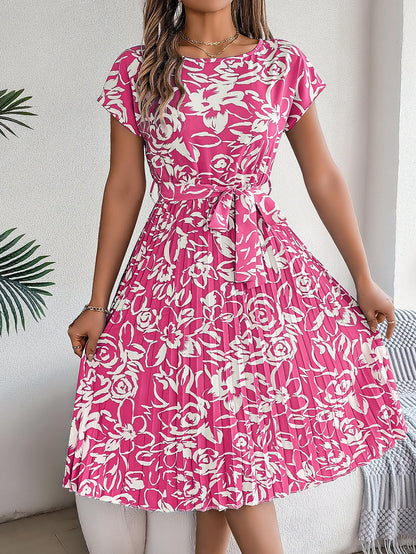 Spring Summer Elegant Floral Short Sleeve Large Hem Pleated Dress Women Clothing