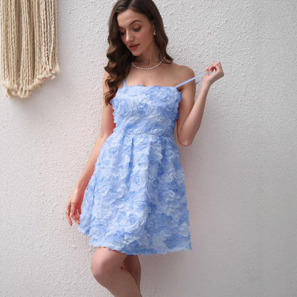 Summer Three Dimensional Rose Embroidered Sweet Elegance Suspender Strap Bow Dress for Women by Ragazza