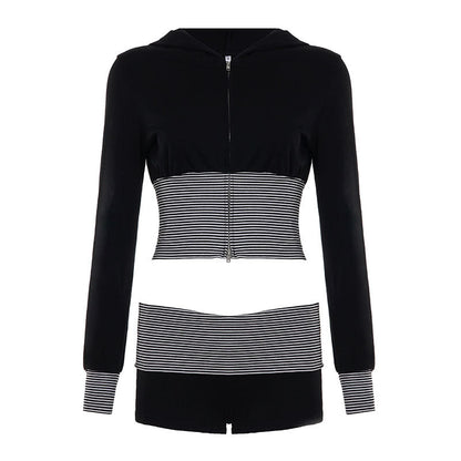 Women Wear Casual Striped Stitching Contrast Color Zipper Hooded Top Shorts Two Piece Set