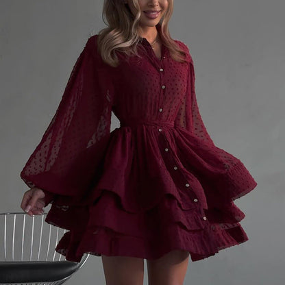 Short A Word Dress Women Elegant Collared Long Sleeve Single Breasted Lace up Shirt Dress