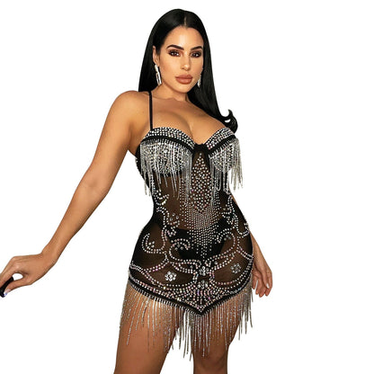 Summer Women Clothing Sexy Mesh Rhinestone Strap Tassel Dress Women by Ragazza