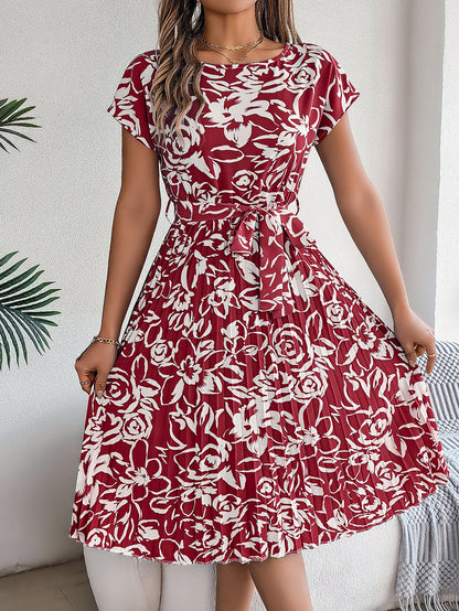Spring Summer Elegant Floral Short Sleeve Large Hem Pleated Dress Women Clothing