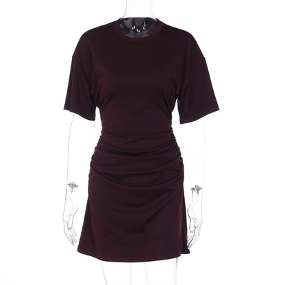 Women Clothing Autumn All Match Simple Pleated Waist Tight Slimming Dress