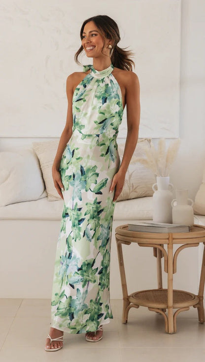 Spring Summer Floral Digital Printing Sweet Halter Mid Length Dress by Ragazza
