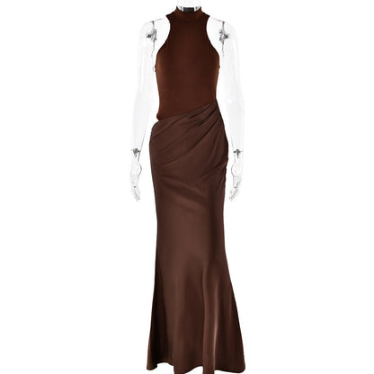 Women Dress round Neck Sleeveless Slim Fitting Patchwork Maxi Dress Hollowed out Dress