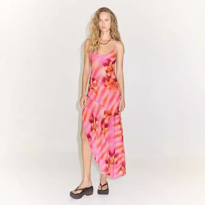 Backless Bandage Slit Printing Dress Women Clothing Printing Slip Dress