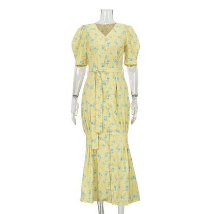 Summer French Printed Dress Women Clothing V neck Short Sleeve Split Lace up Hip Dress by Ragazza