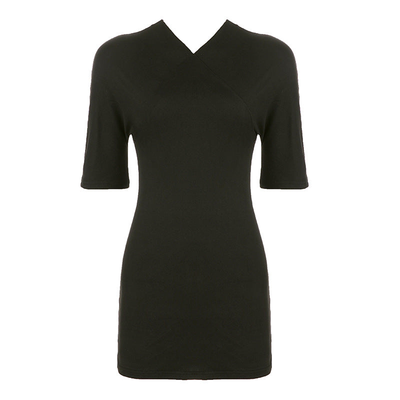 Sexy Cross Collar Solid Color Short Sleeve One Piece Split Dress Simple All Matching Sheath Jumpsuit by Ragazza