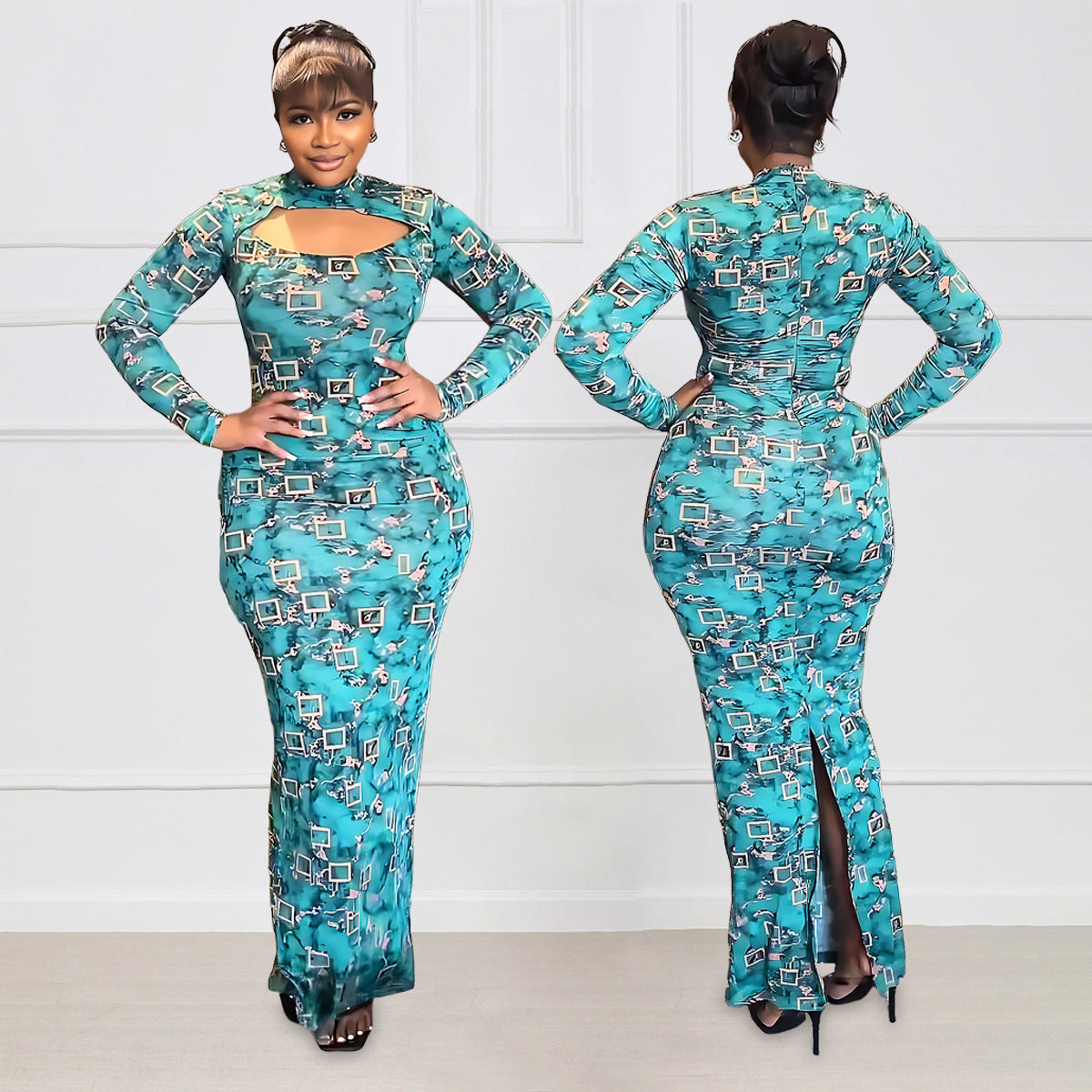 Elegant Turtleneck Long Sleeve Slim Women Clothing Split Print Maxi Dress