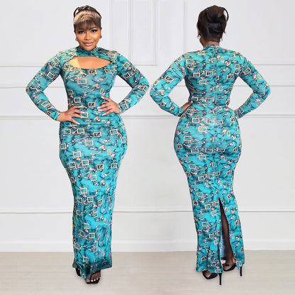 Elegant Turtleneck Long Sleeve Slim Women Clothing Split Print Maxi Dress