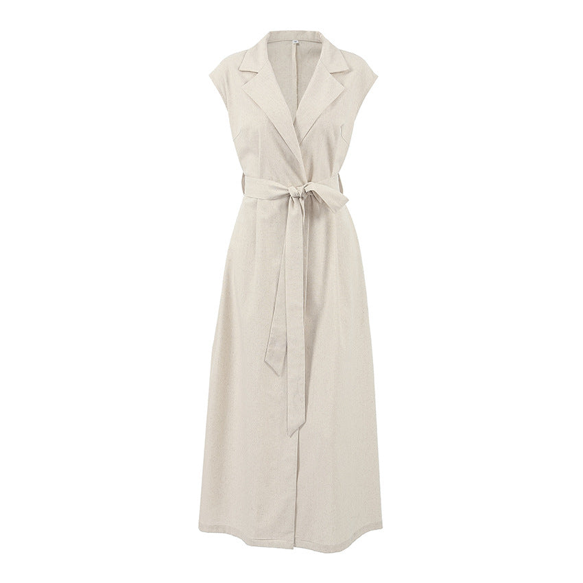 Women Cotton Linen Collar Belt Office Dress Spring Summer Dress by Ragazza