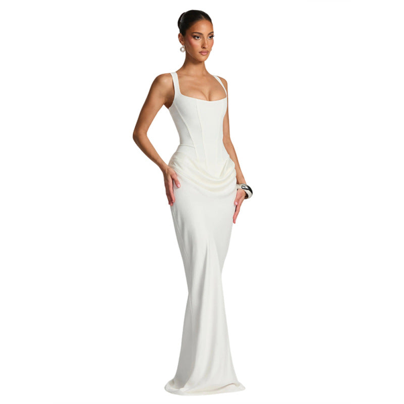 Autumn Winter Women Clothing Solid Color Elegant Slim Backless Square Collar Strap Dress for Women