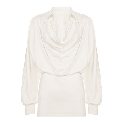 French Elegant Women Wear Solid Color Swing Collar Draping Dress Long Sleeve Waist Tight Hip