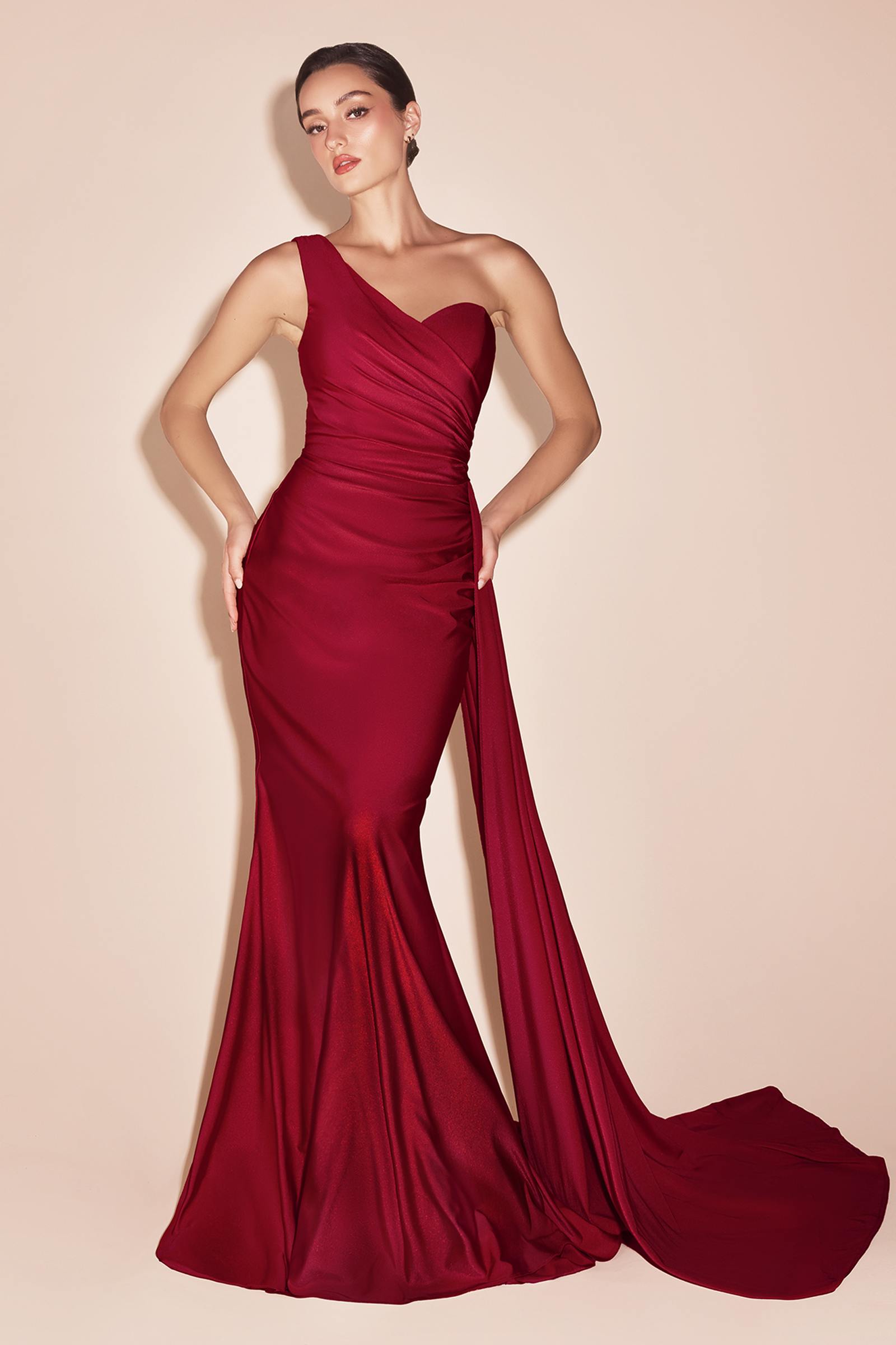 Ladivine PT004 Long Chic One Shoulder Stretch Satin Side Sash Gown by DiscountDressShop