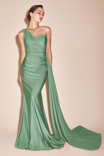 Ladivine PT004 Long Chic One Shoulder Stretch Satin Side Sash Gown by DiscountDressShop