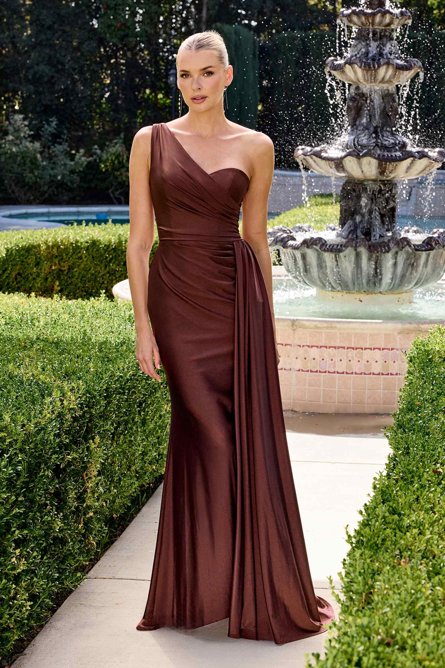Ladivine PT004 Long Chic One Shoulder Stretch Satin Side Sash Gown by DiscountDressShop