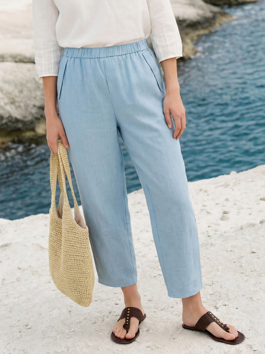 100% Linen Tapered Cropped Pull-On Trousers LORETTA by LINTICO