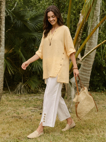 100% Linen Buttoned Split-Hem Pants ALINA by LINTICO
