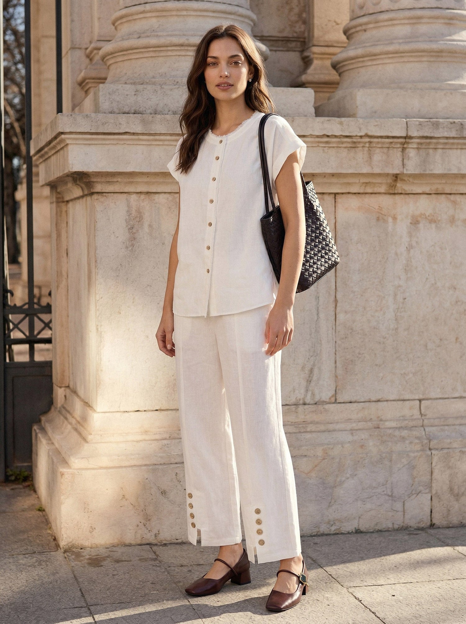 100% Linen Buttoned Split-Hem Pants ALINA by LINTICO
