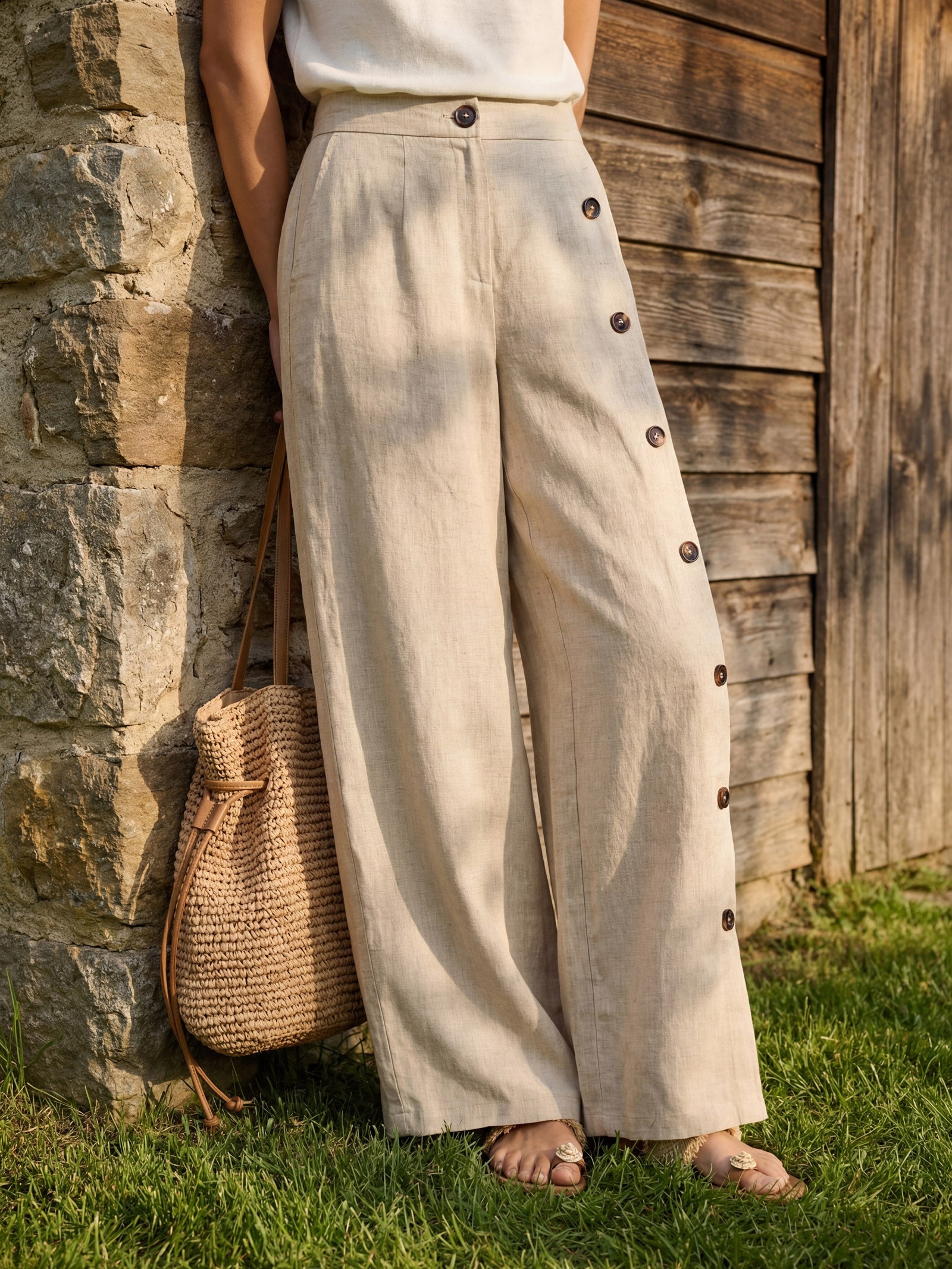 100% Linen Buttoned Slit-Hem Pants KATYA by LINTICO
