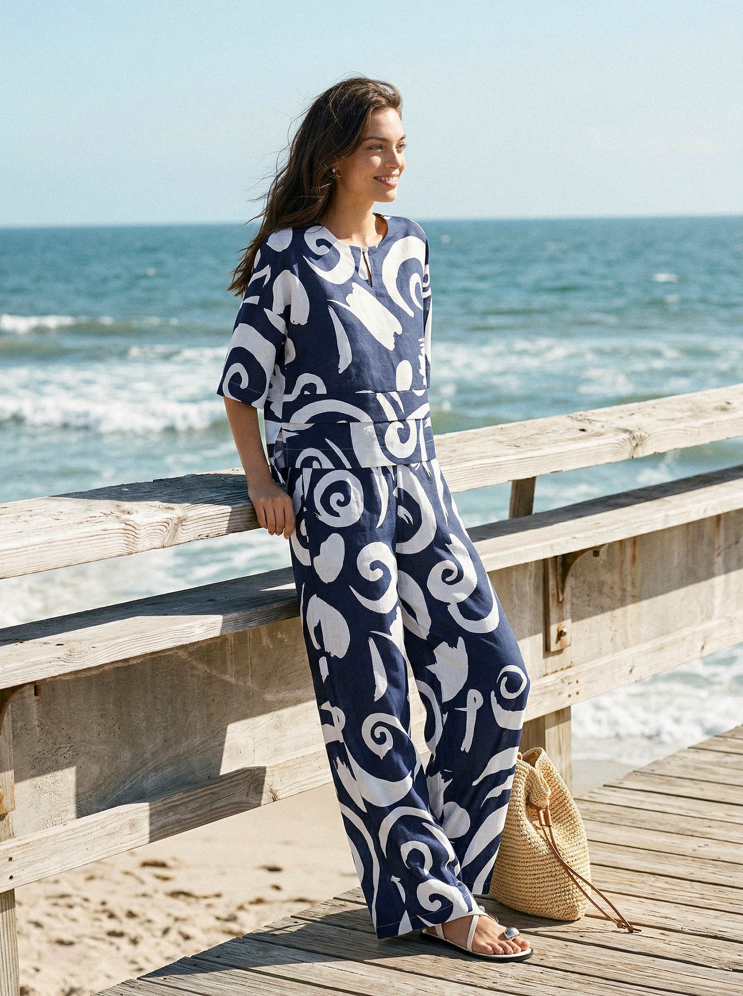 Linen Abstract-Print Straight-Leg Pants ORLA by LINTICO