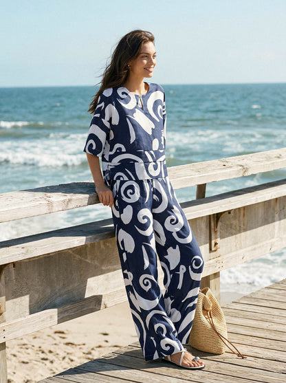 Linen Abstract-Print Straight-Leg Pants ORLA by LINTICO