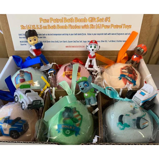 12 XL Bath Bomb Fizzies with surprise Paws Patrol figure inside, handmade, natural ingredients, fruity, kid-friendly scents by Spa Pure