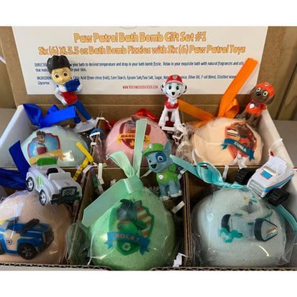 12 XL Bath Bomb Fizzies with surprise Paws Patrol figure inside, handmade, natural ingredients, fruity, kid-friendly scents by Spa Pure