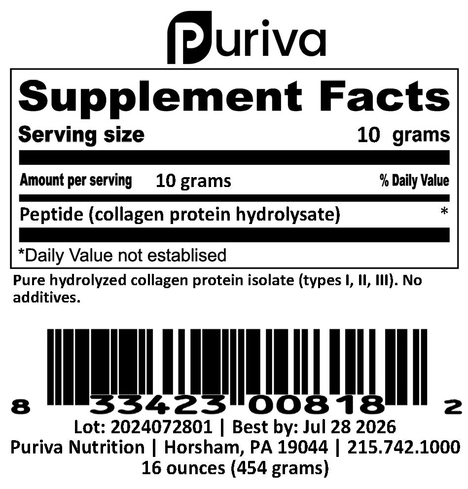 Peptide powder (collagen hydrolysate), 1 pound, Puriva Nutrition by Puriva Nutrition