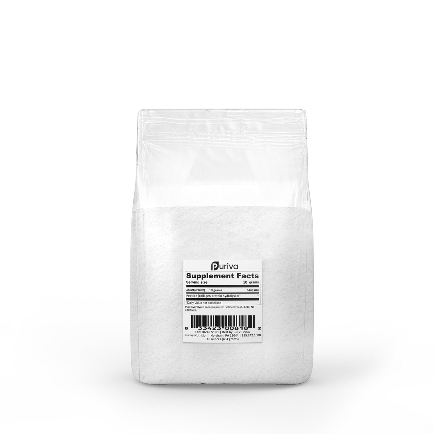 Peptide powder (collagen hydrolysate), 1 pound, Puriva Nutrition by Puriva Nutrition