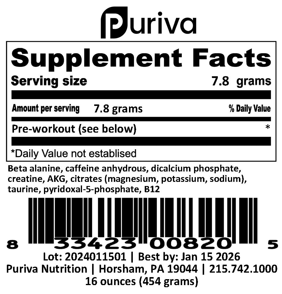 Pre-Workout powder, 1 pound, Puriva Nutrition by Puriva Nutrition