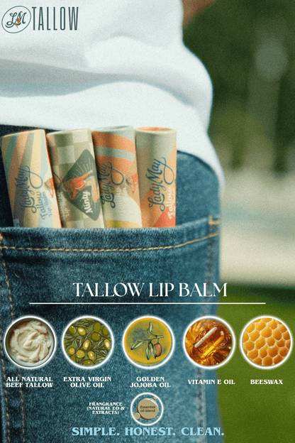 Tallow Lip Balm - CHOOSE A FLAVOR - Natural Beef Tallow Lip Moisturizer with Beeswax &amp; Jojoba Oil by Lady May Tallow