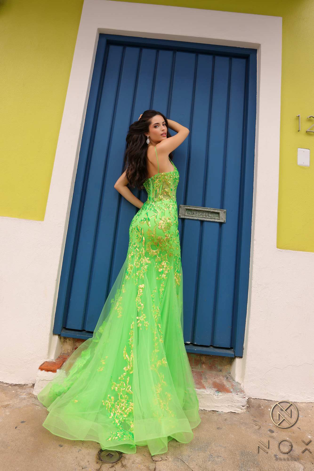 Nox Anabel Q1390 Long Fitted Sequin Applique Trumpet Skirt Gown by DiscountDressShop