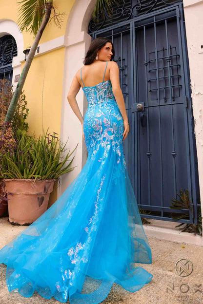Nox Anabel Q1390 Long Fitted Sequin Applique Trumpet Skirt Gown by DiscountDressShop