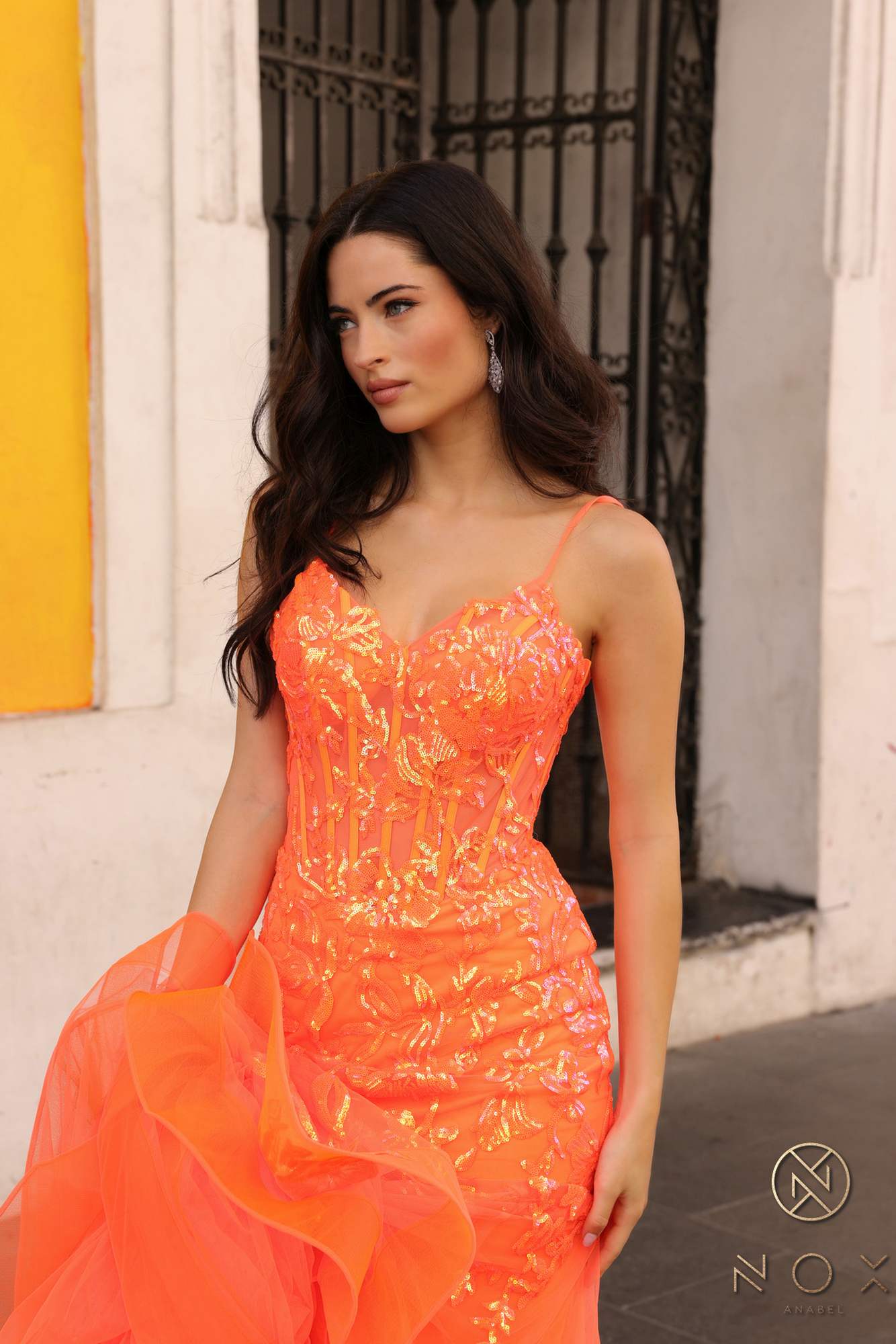 Nox Anabel Q1390 Long Fitted Sequin Applique Trumpet Skirt Gown by DiscountDressShop