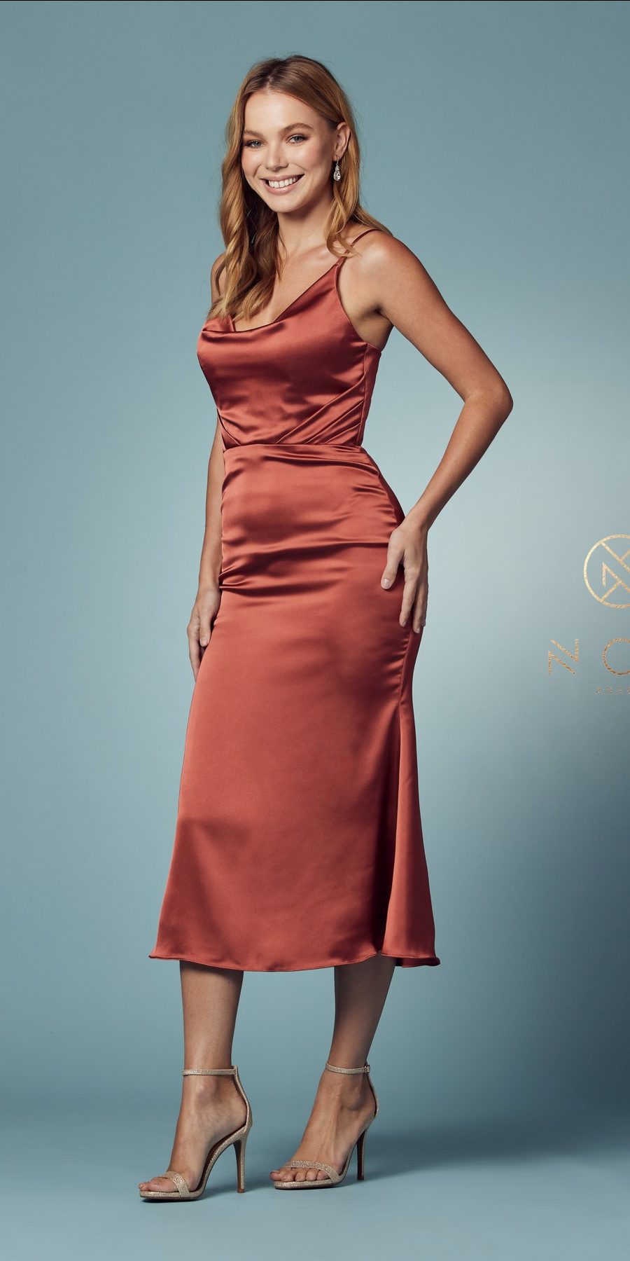 Nox Anabel R1027 Tea Midi-Length Formal Gown with Cowl Neckline by DiscountDressShop