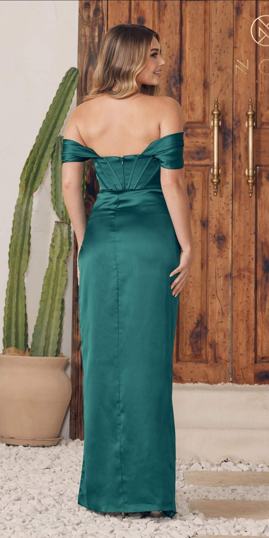 Nox Anabel R1236 Long Off Shoulder Strap Cowl Neckline Satin Dress by DiscountDressShop