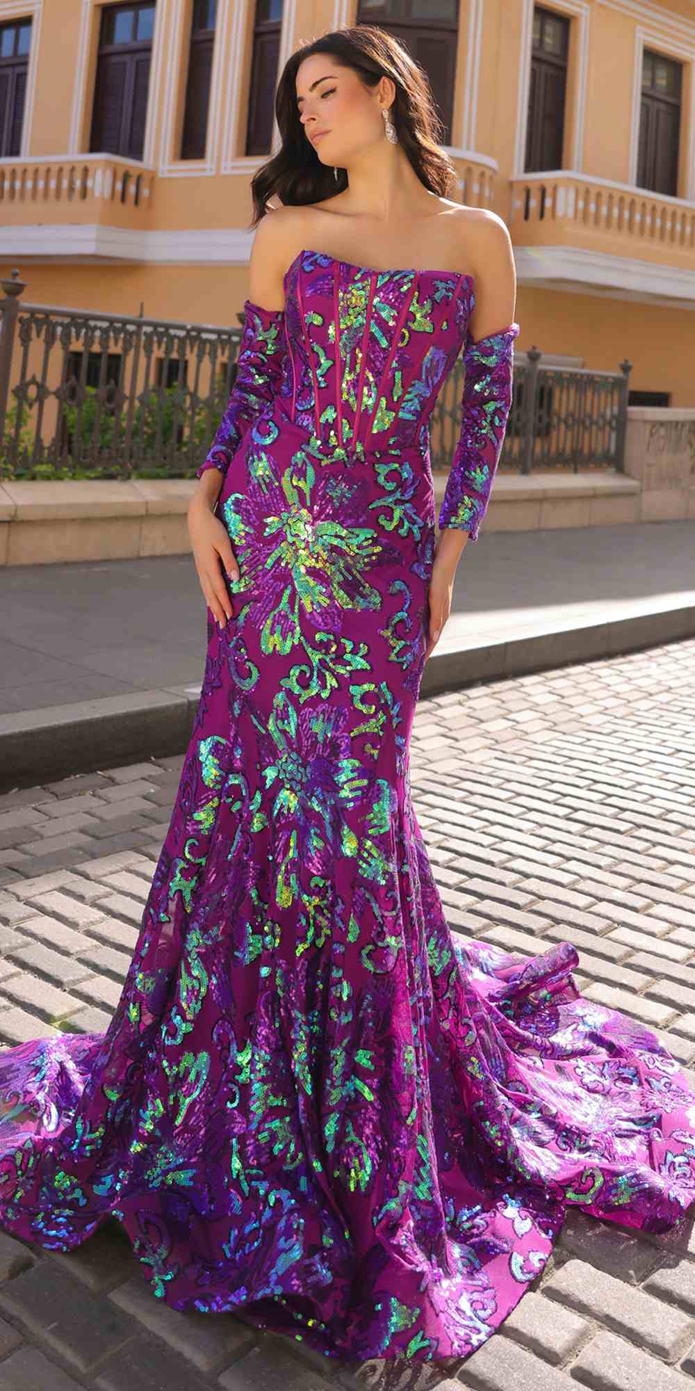 Nox Anabel R1268 Fitted Strapless Flower Design Sequin Gown with Matching Sleeves by DiscountDressShop