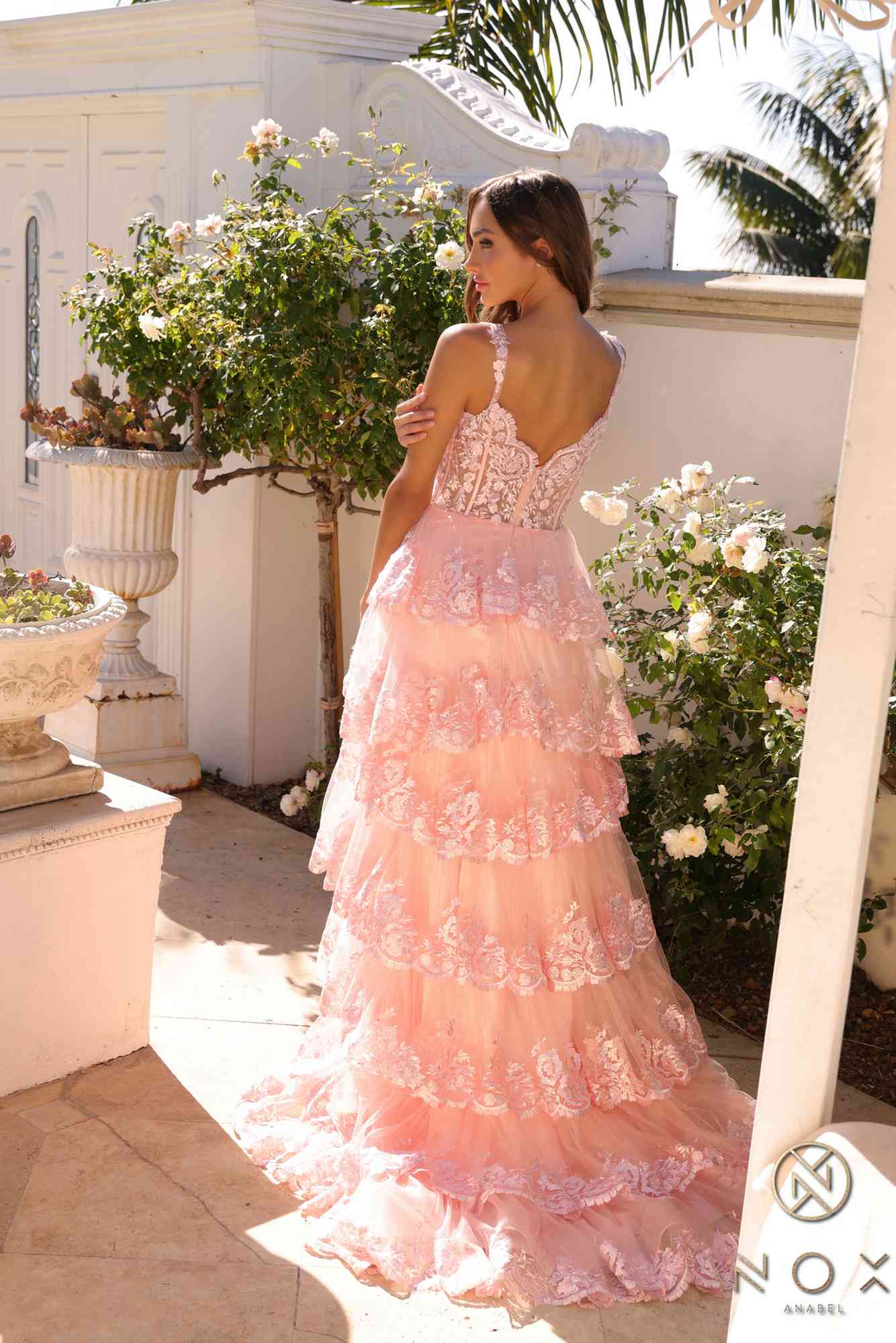 Nox Anabel R1299 Long Off the Shoulder Tiered Skirt A-Line Formal Gown by DiscountDressShop