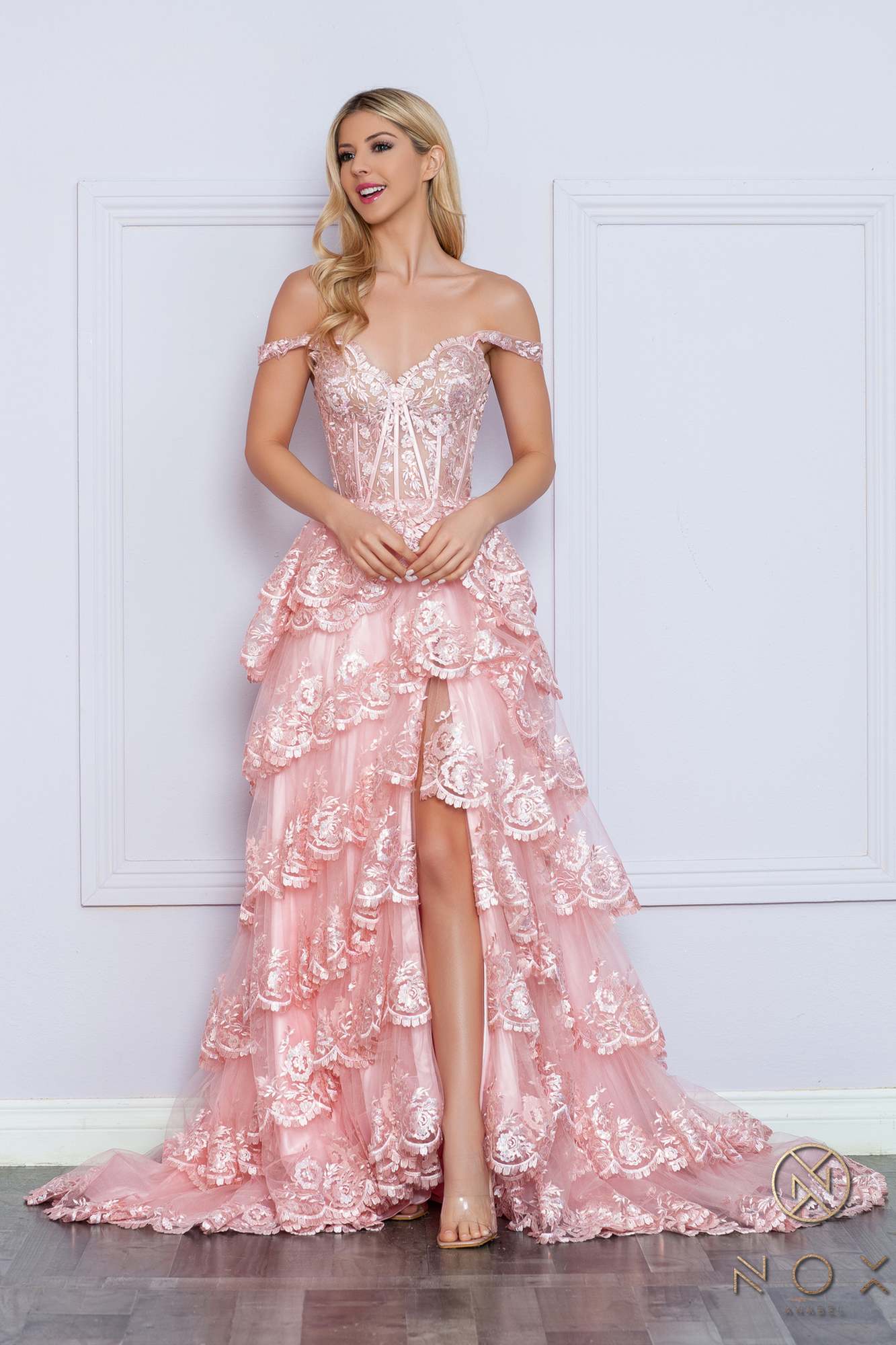 Nox Anabel R1299 Long Off the Shoulder Tiered Skirt A-Line Formal Gown by DiscountDressShop