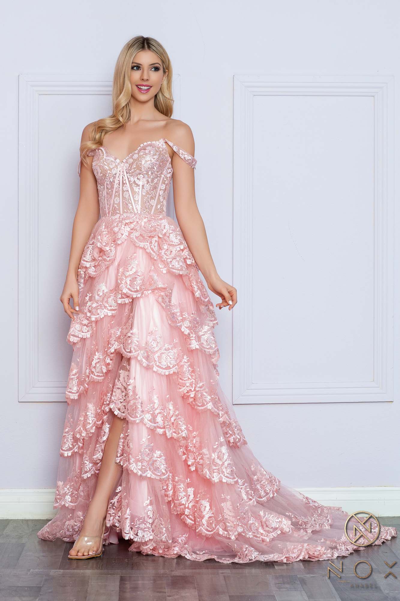 Nox Anabel R1299 Long Off the Shoulder Tiered Skirt A-Line Formal Gown by DiscountDressShop