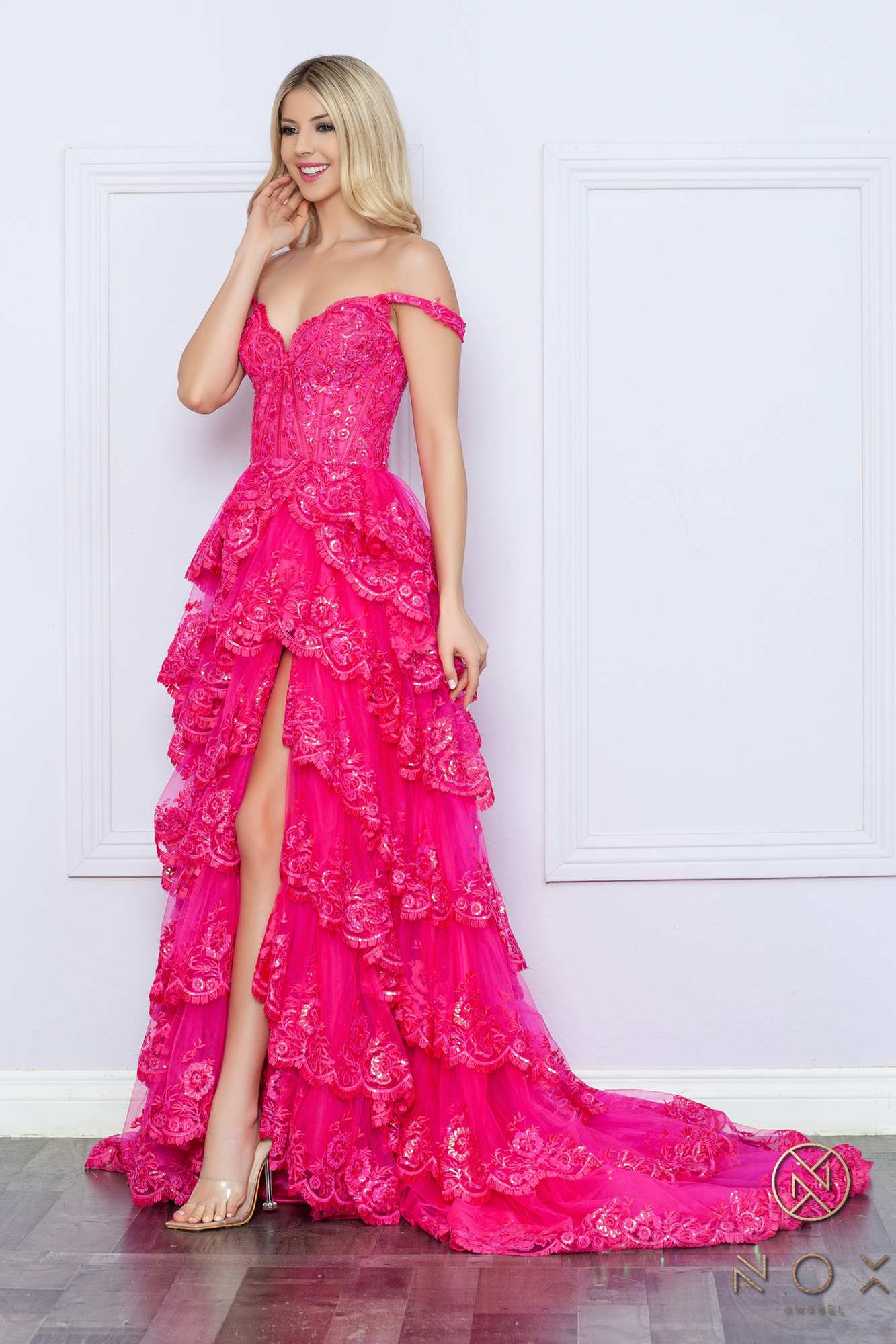 Nox Anabel R1299 Long Off the Shoulder Tiered Skirt A-Line Formal Gown by DiscountDressShop