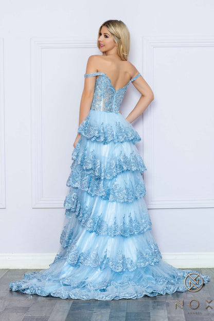Nox Anabel R1299 Long Off the Shoulder Tiered Skirt A-Line Formal Gown by DiscountDressShop