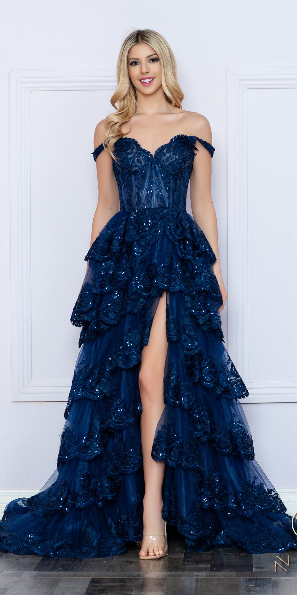 Nox Anabel R1299 Long Off the Shoulder Tiered Skirt A-Line Formal Gown by DiscountDressShop